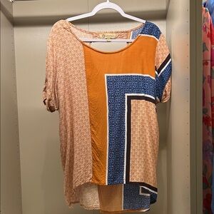 Democracy Boho Orange and Blue Geometric Blouse with back cut out XL